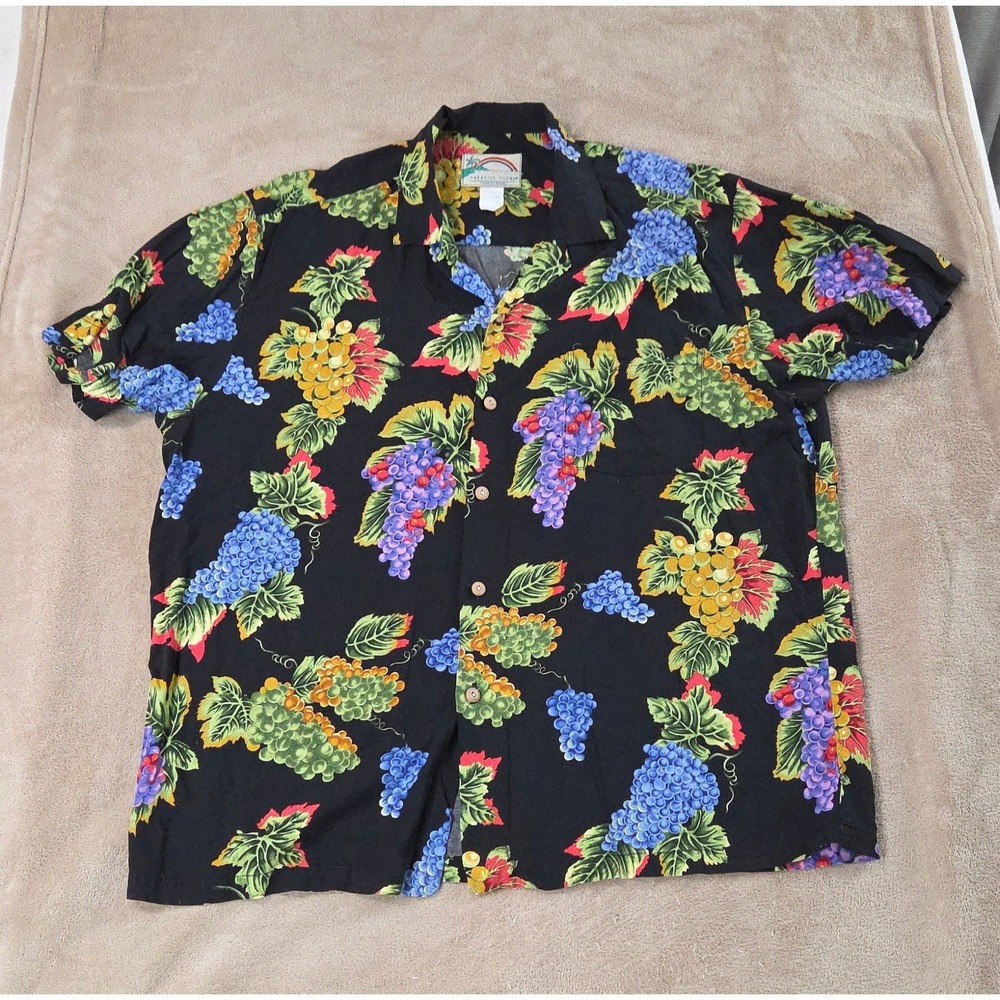Vintage Paradise Found Shirt Men Large Black‎ Short Sleeve Grape Cluster rayon